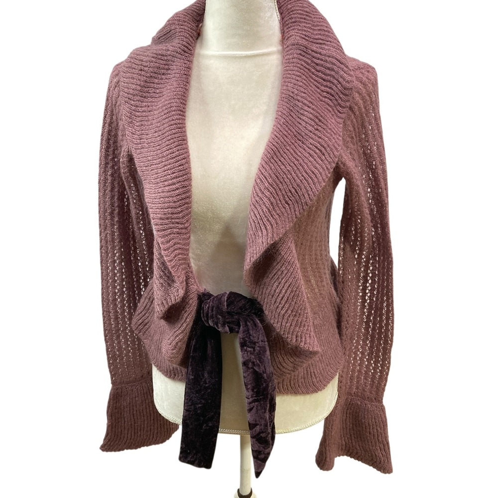 Patch Mohair Blend Knit‎ Cardigan Velvet Tie Bell Sleeve Cropped Mauve Medium